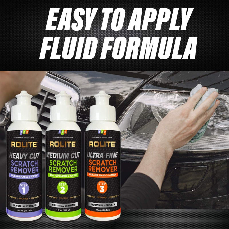 Rolite 3 Step Scratch Removal System for Clear Plastic and Acrylic Surfaces - Heavy Cut, Medium Cut and Ultra Fine Combo Set Removes Scratch and Swirl Marks, 3 - 4 Ounce Bottles - Image 5